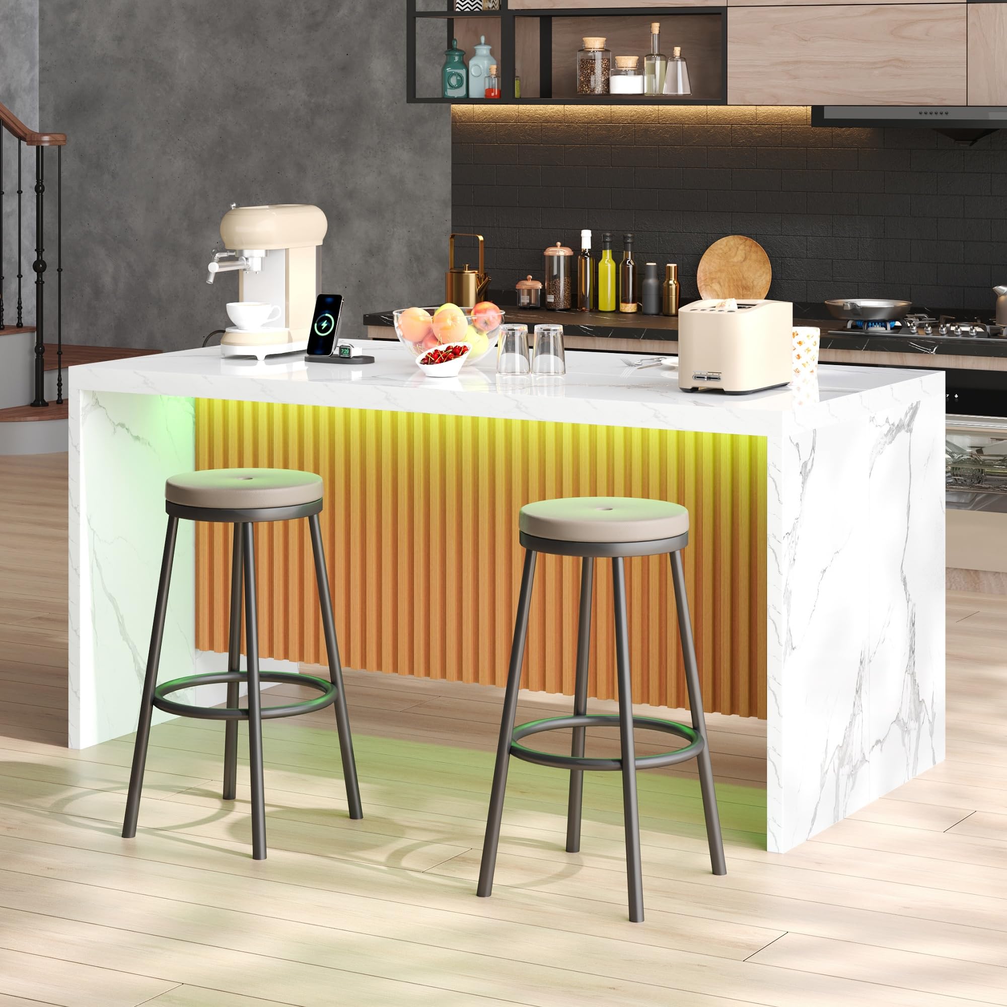 Merax Isola da cucina autoportante con piano di lavoro frontale in marmo da 40 mm, isola da cucina con LED, presa 2 prese, 2 USB, moderno tavolo da bar per cucina, sala da pranzo, 155 x 80 x 90 cm
