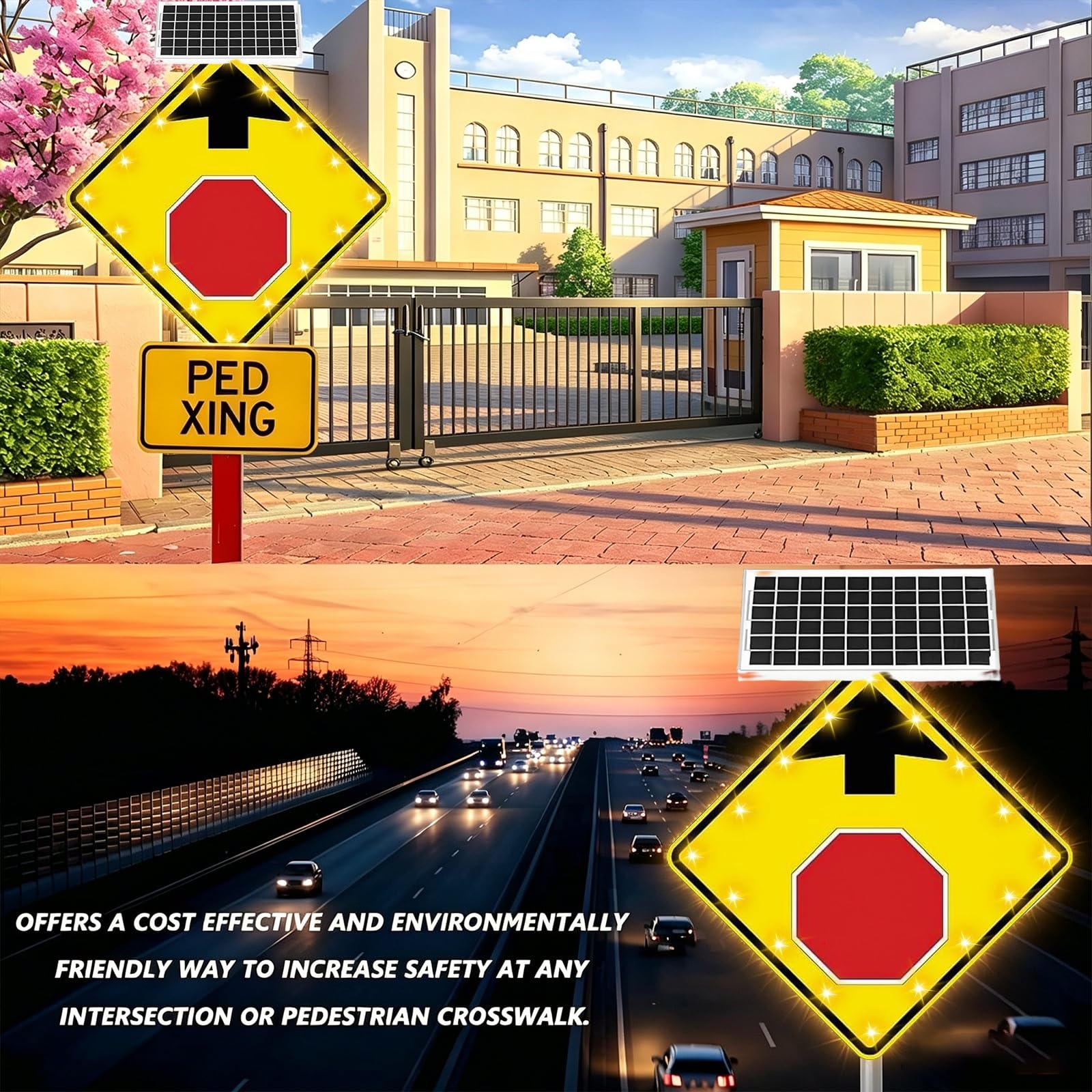 Señal De Advertencia Solar LED Intermitente "Pare Más Adelante" De 24/30 Pulgadas; Aluminio Reflectante (norma W3-1); Resistente Al Agua (IP65) Y A La Corrosión; Uso En Exteriores.(24in)