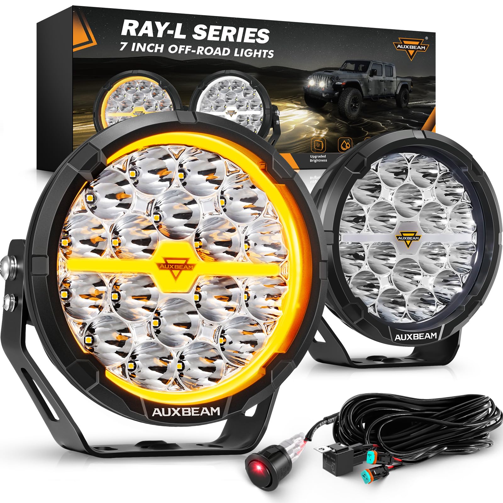 Auxbeam RAY-L Series 7 Inch Round Offroad Lights Amber White DRL Function 3 Modes LED Spotlights 240W 25800LM Dual Color Driving Off-Road Lighting, Pair