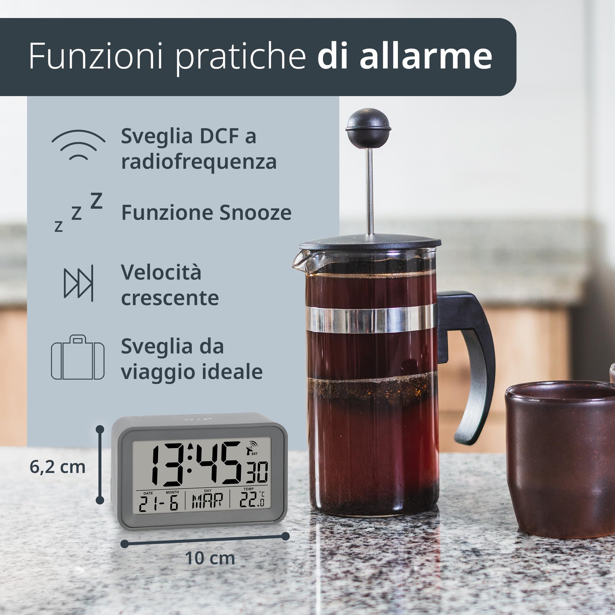 ADE Sveglia radio-controllata digitale con luce, temperatura e calendario, compatta