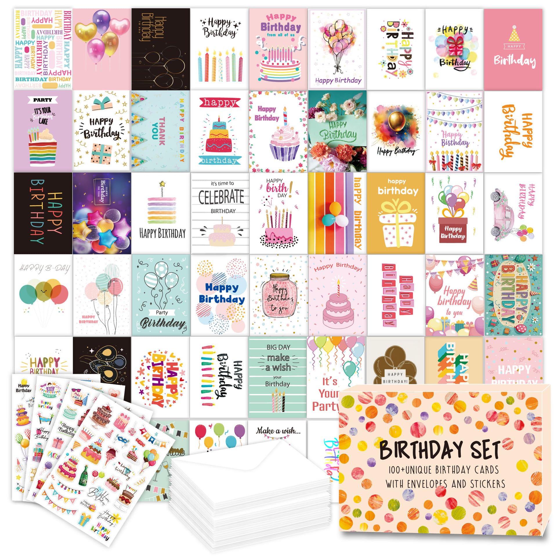 Gift Cards Birthday Unique Birthday Cards with Envelops and Stickers, Assorted Happy Birthday Card, Funny Birthday Cards Bulk for Women and Men (50 Different Birthday Cards Envelops and 110 Stickers)