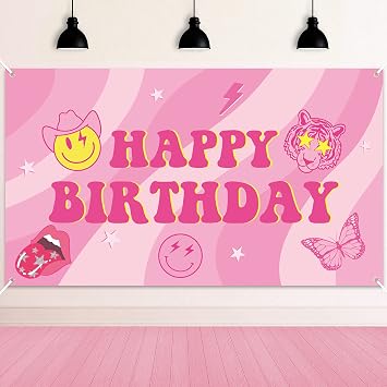 Preppy Birthday Party Backdrop Hot Pink Smiling Face Lip Butterfly Banner Extra Large Y2k Happy Birthday Background Banners Photo Booth Prop Decor Supplies for Girls Party 6.6 x 3.8 ft