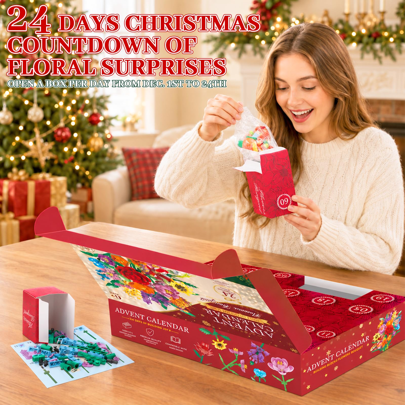 Blumen Adventskalender 2026, 24 Tage Bausteine-Set für Frauen