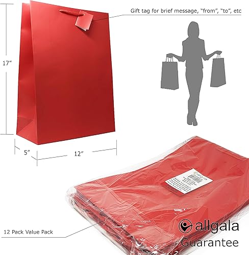 Miniatura 2 de Allgala Paquete de 12 bolsas de regalo de papel de color sólido de primera calidad (17 pulgadas XL-rojo-GP50053)