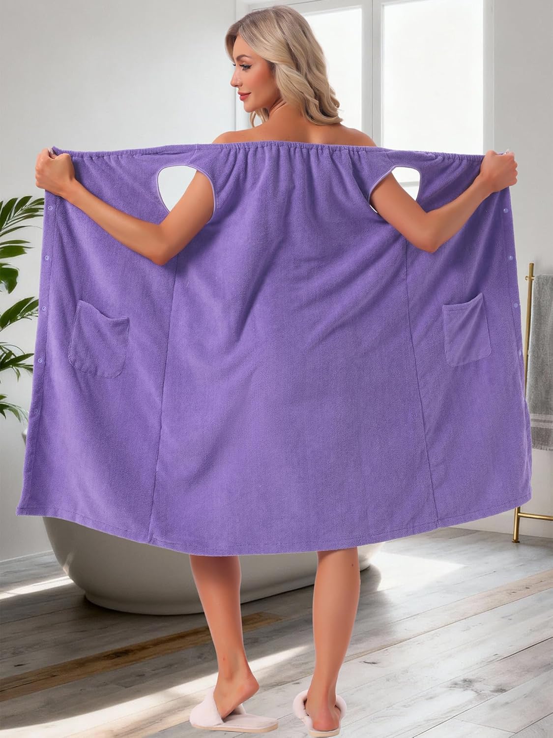 cheibear Womens Shower Towel Wrap Dress Snaps Wearable Straps Bathrobe Spa Cover Up Terry Bath Robe with Pockets S-XXL - Image 5