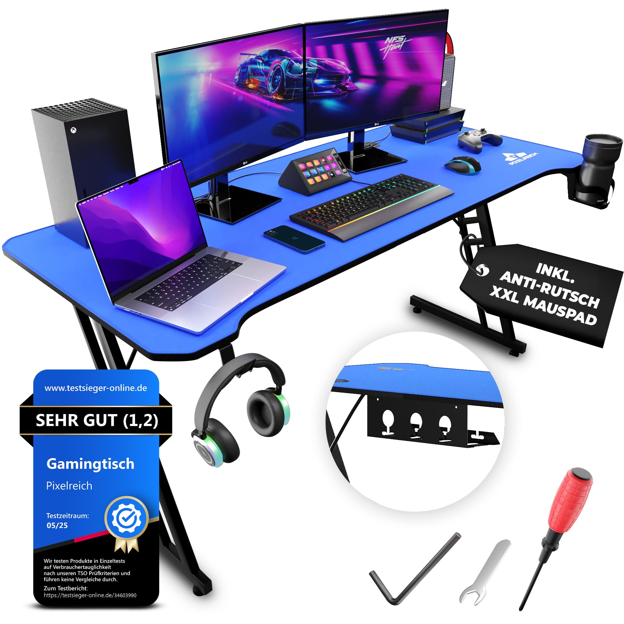 Gaming Tisch 160x70 – Schreibtisch mit XXL Mauspad & Kabelmanagementsystem – für PC Zocker & Gamer | Blau