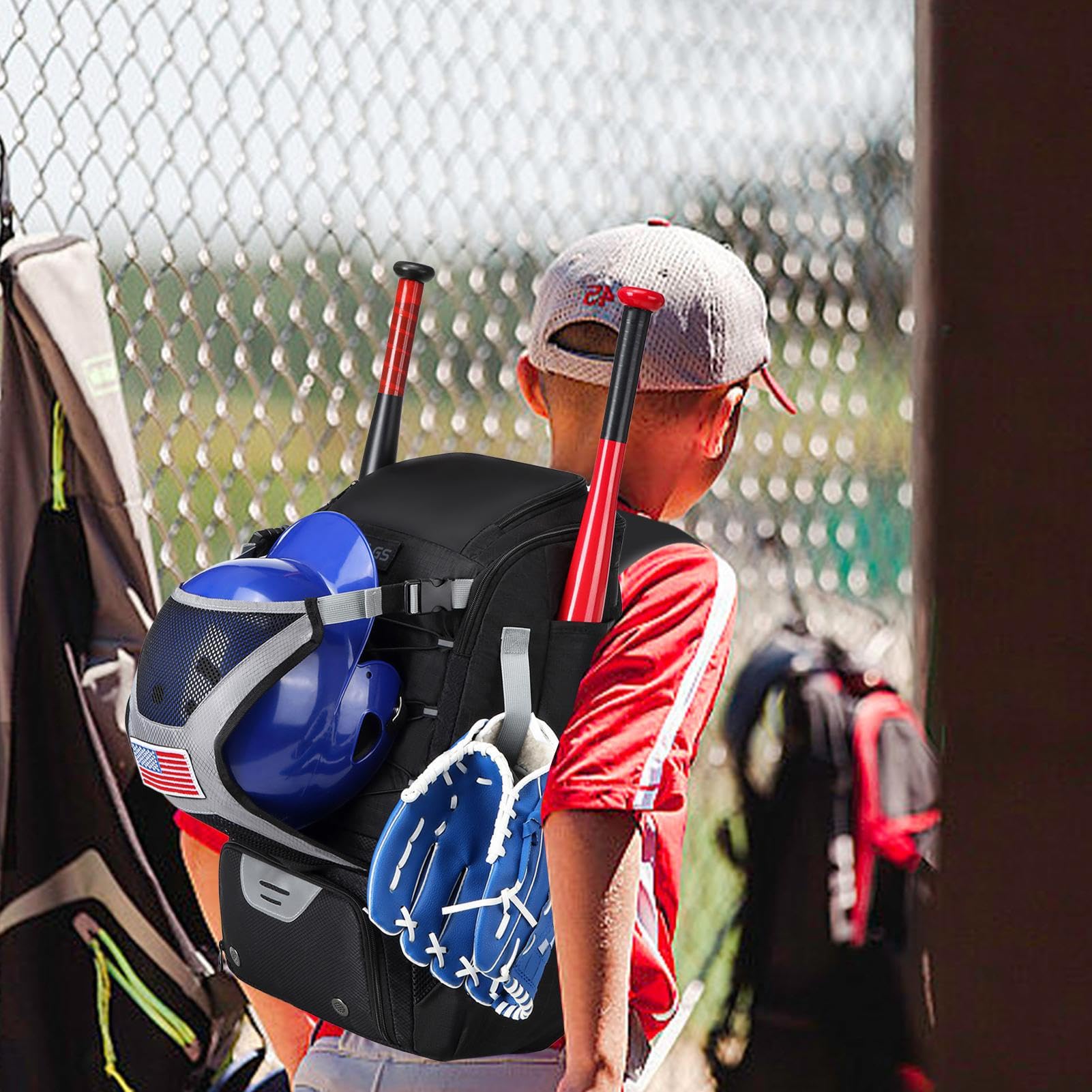 Borsa per attrezzatura da baseball - Zaino leggero per ragazzi, supporto per mazza da softball, con gancio per recinzione, scomparto per casco, organizer multitasche | Borsa per attrezzi sport