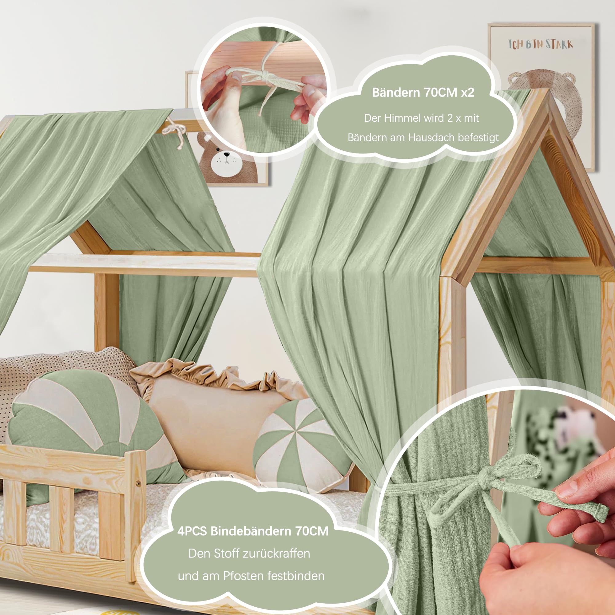 Juego de Decoración para Cama de Casa: Dosel de Muselina, 2 Doseles y 1 Banderín para Habitación Infantil - 67 x 270 cm