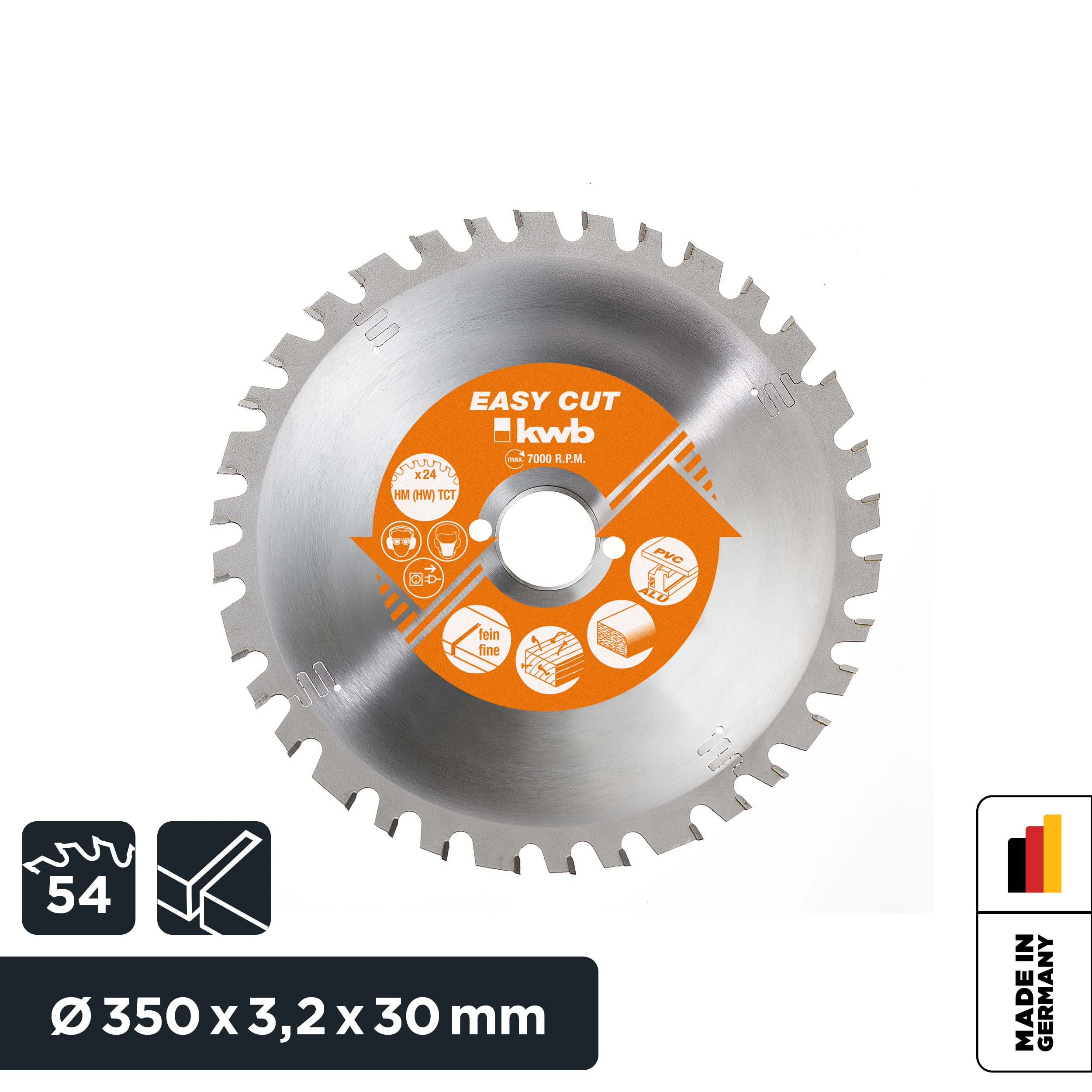 kwb Hoja de sierra circular de 350 mm, fabricada en Alemania, con punta de carburo, a prueba de clavos, para madera con residuos de metal