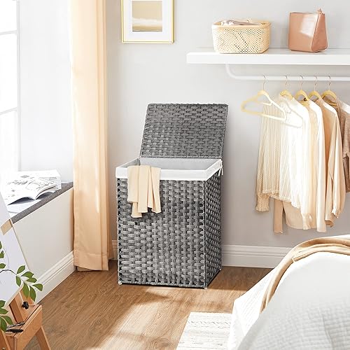 Miniatura 6 de SONGMICS Cesta de lavandería tejida a mano, cesta de lavandería de ratán sintético de 23.8 galones y cesta de lavandería tejida a mano, cesta de