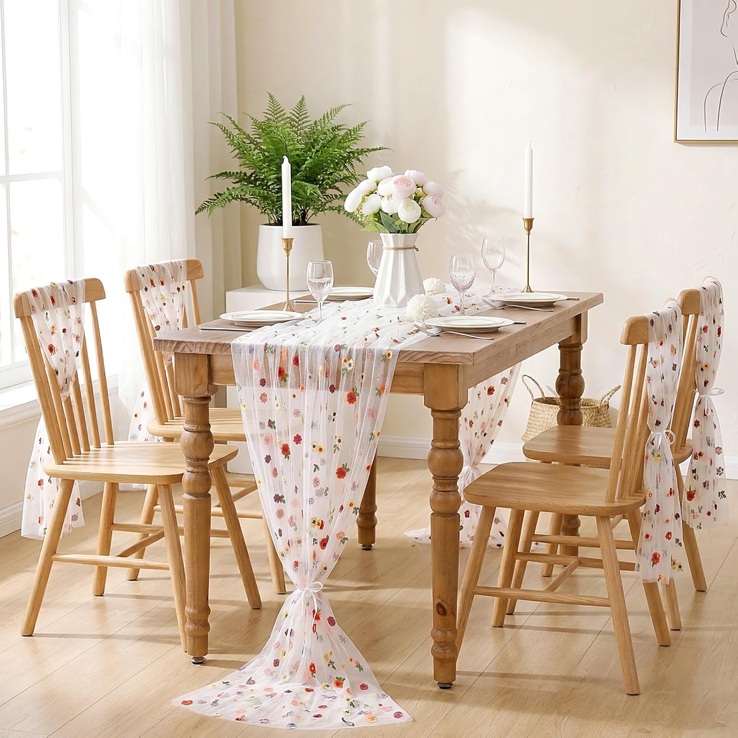 QueenDream White Gauze Table Runner with Embroidery Daisy Romantic Sheer Tulle Fabric 3 Pieces 120 Inch 10FT for Wedding Party Bridal Baby Shower