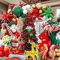 Vista 6 de Kit de guirnalda de globos de Navidad en forma de arco con globos rojos, blancos, verdes y dorados, globos de confeti, caramelo, bastón de caramelo