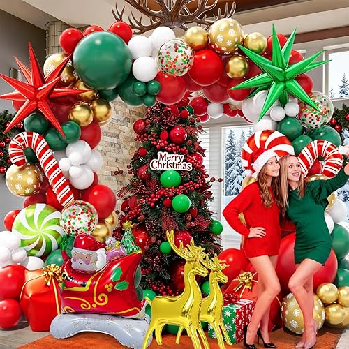 Miniatura 6 de Kit de arco de guirnalda de globos de Navidad con globos rojos, blancos, verdes, dorados, globos de confeti, dulces, bastón, alce, caja de regalo,