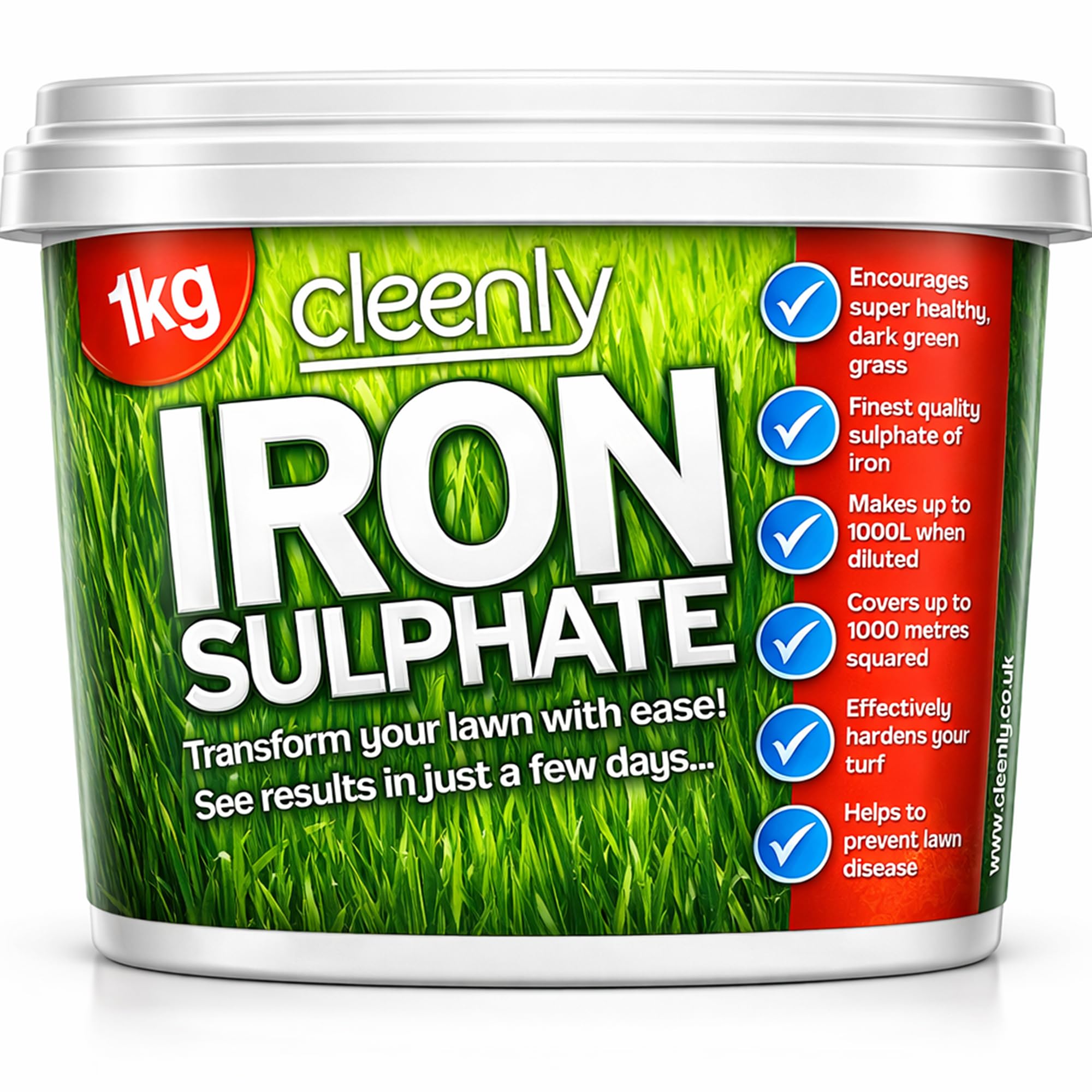 Cleenly Iron Sulphate for Lawns 1kg (Makes up to 1000L & Covers up to 1000m2) Sulphate of Iron Lawn Conditioner Turf Hardener