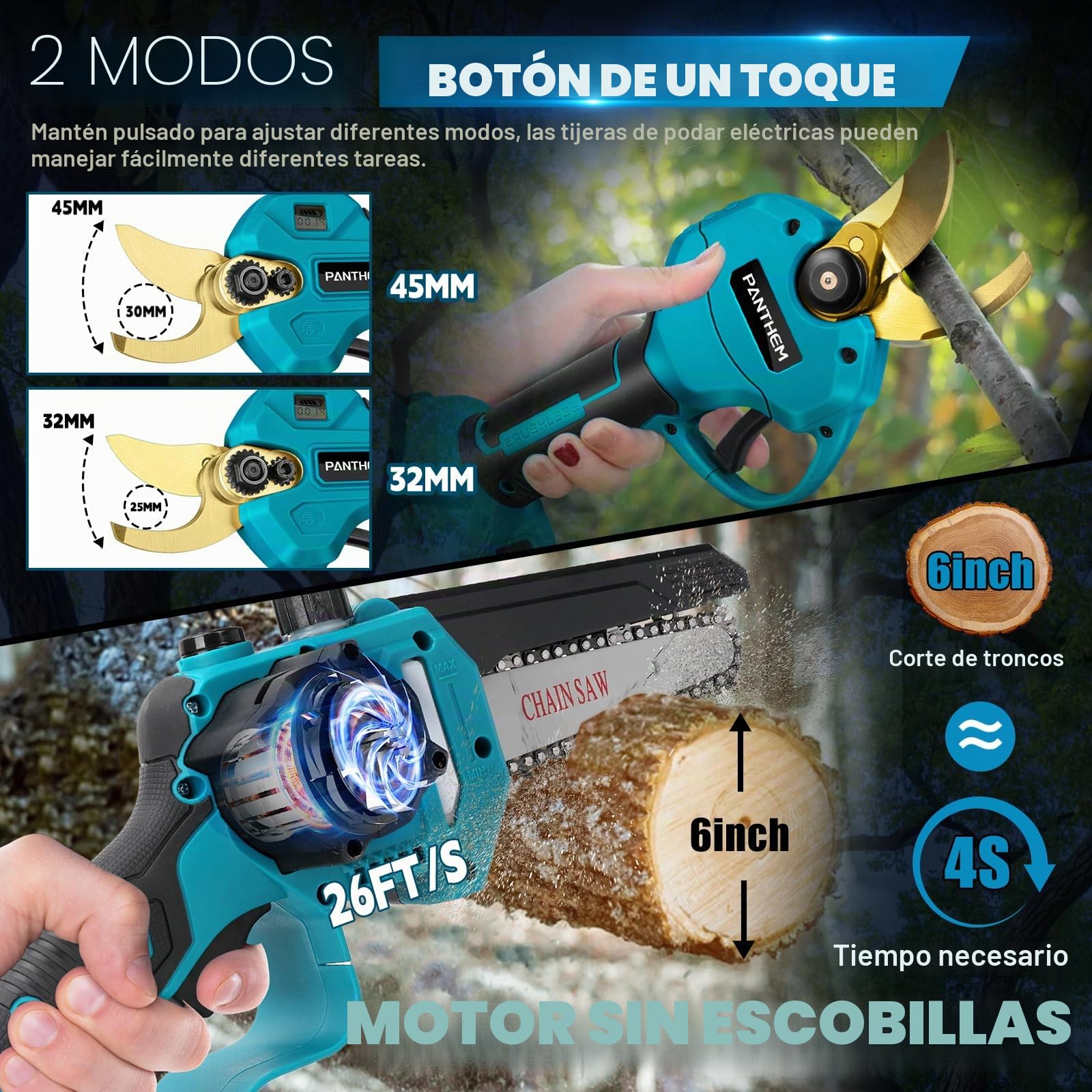 Mini motosierra 4 en 1 con batería y sierra telescópica 21 V 4000 mAh | de 45 mm para Makita 18 V, tijeras de podar eléctricas, tijeras de podar con barra telescópica