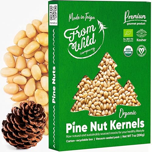 FROM WILD Piñones orgánicos frescos de 7 onzas certificadas veganas kosher sin sal - Piñones siberianos para pesto, nueces crudas, delicias