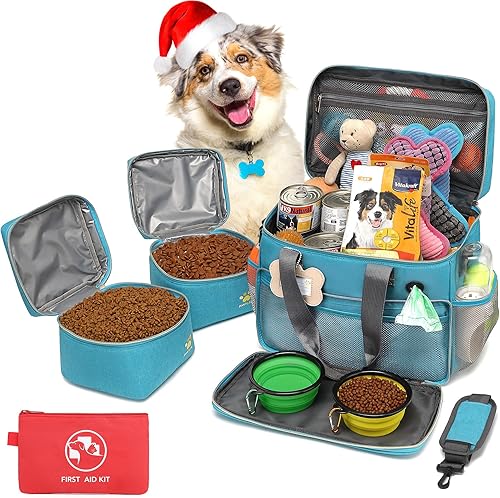 Bolsa de viaje para perros para viajar| Accesorios de viaje de una semana/durante la noche con bolsillos multifuncionales|Juego de viaje para azul