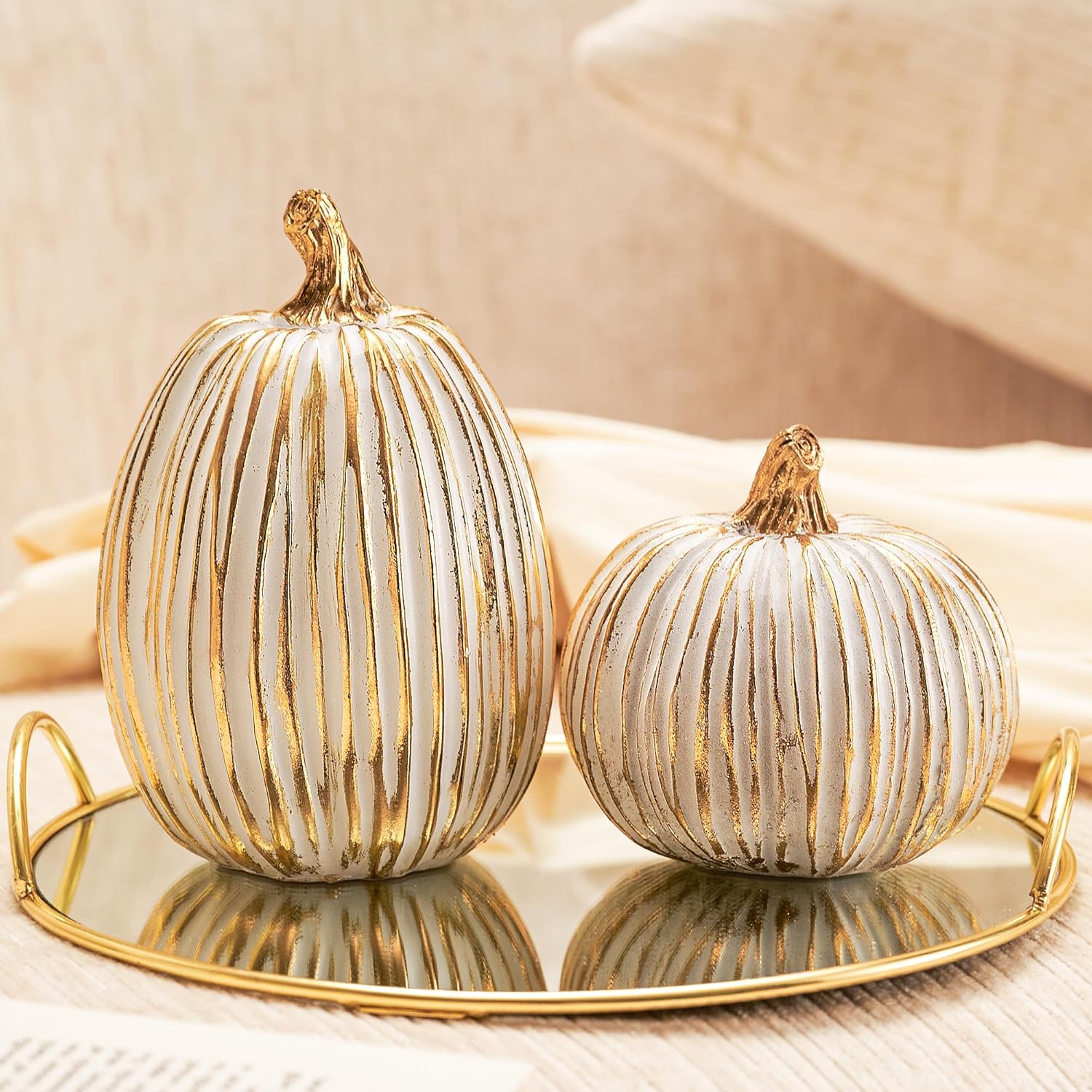 DN DECONATION White and Gold Fall Pumpkin Decorations Thanksgiving Table Centerpieces, 2 Pcs Artificial Luxury Resin Pumpkins Figurines for Decorating, Autumn Harvest Fall Home Decor Shelf Mantel White and Gold Set of 2
