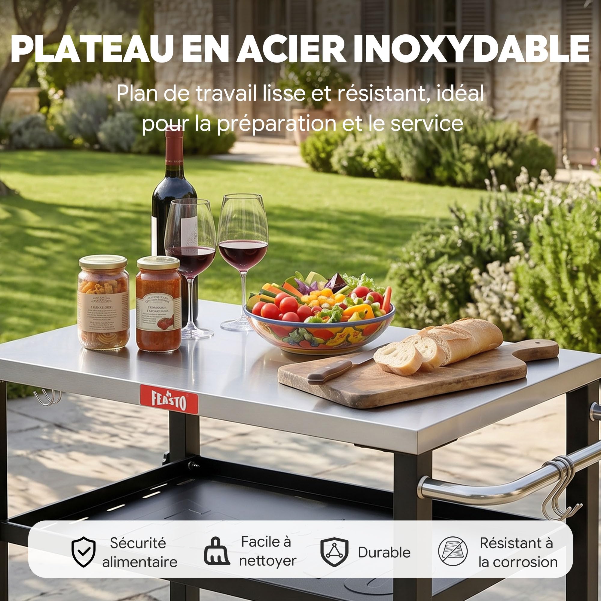 Feasto 3-Étagère Desserte de Jardin avec Plateau en Acier INOX | Chariot de Barbecue avec Étagère Centrale Réglable et 4 Roues Universelles, Idéal pour Intérieur et Éxtérieur, 87,5x41x84 cm