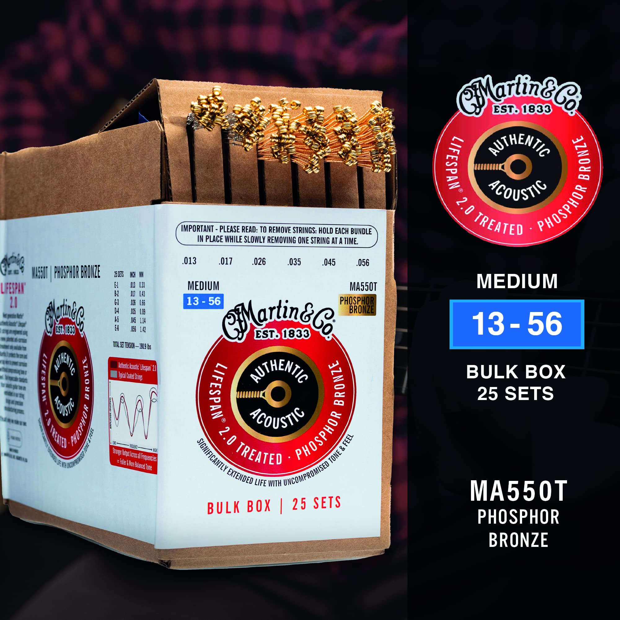 MARTIN Akustikgitarrensaiten, Lifespan 2.0 Medium 13-56, 92/8 Phosphor Bronze, 25 Sätze (BULK-MA550T)
