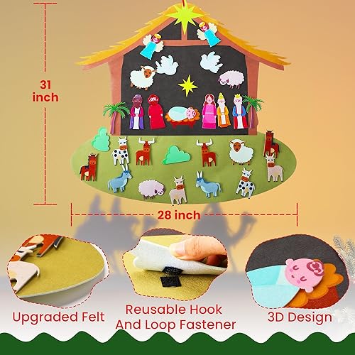 Miniatura 2 de Enhon Juego de árbol de Navidad de fieltro, Adviento de fieltro con 29 adornos desmontables, decoración para colgar en la pared de la puerta de