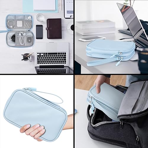 Miniatura 7 de Organizador electrónico de viaje de cuero, doble capa, funda impermeable para cables, cargadores, teléfonos y más, bolsa portátil a prueba de golpes