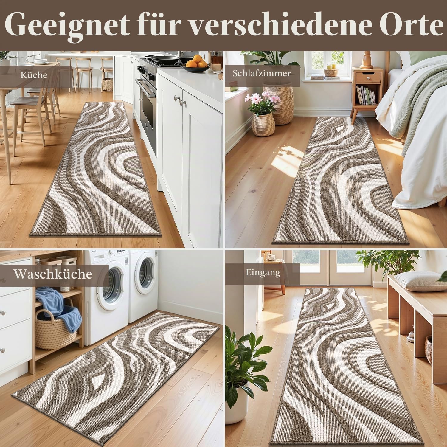 Teppich Läufer Flur rutschfest Küchenteppich, Braun, 80x300cm