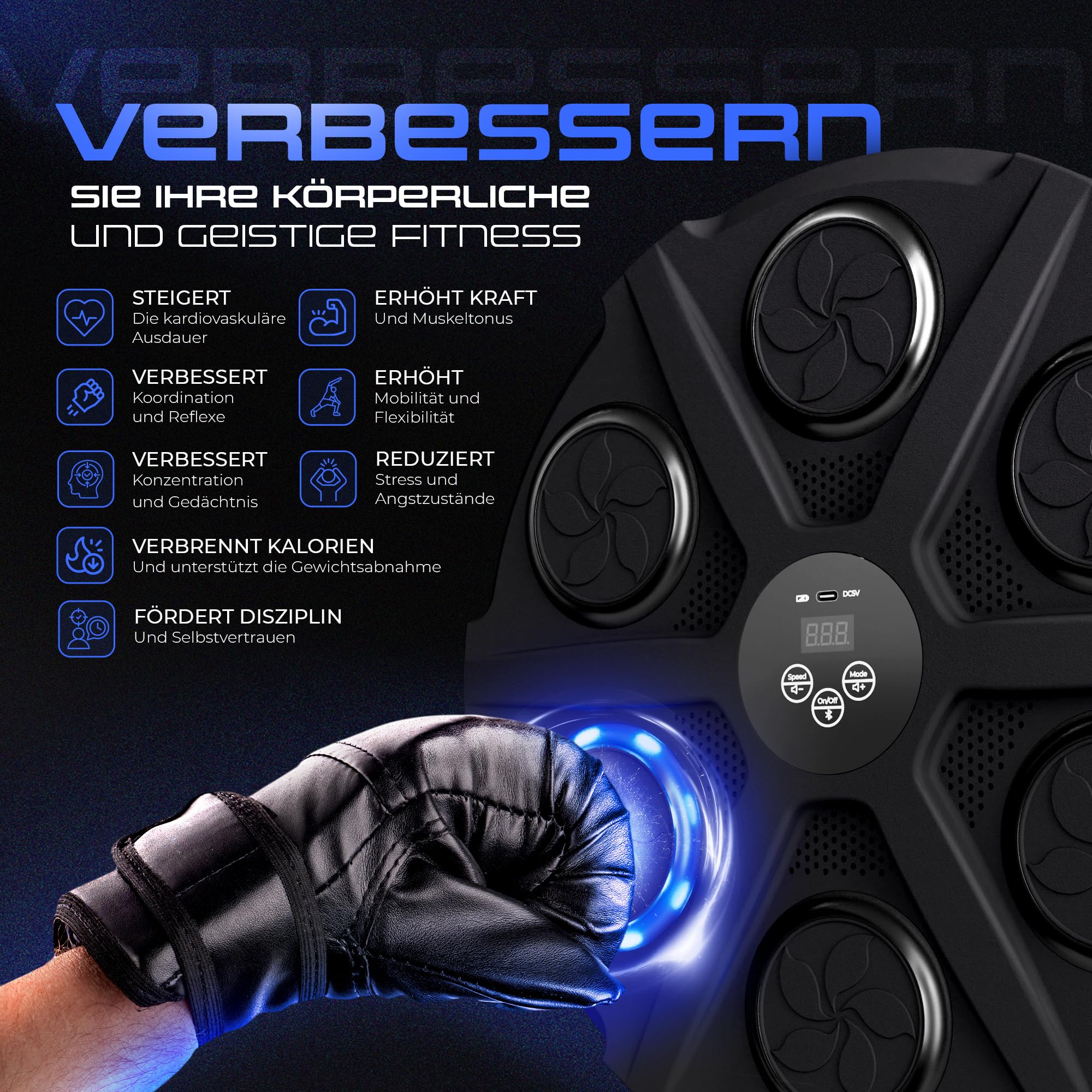 Ezero Smart Music Boxing Machine 12 Stufen, Bluetooth mit Boxhandschuhe, Springseil Boxen, Handtuch, Fitnessbänder und Tragetasche - Boxautomat mit Boxing Gloves - Boxmaschine mit Musik - Musikboxen