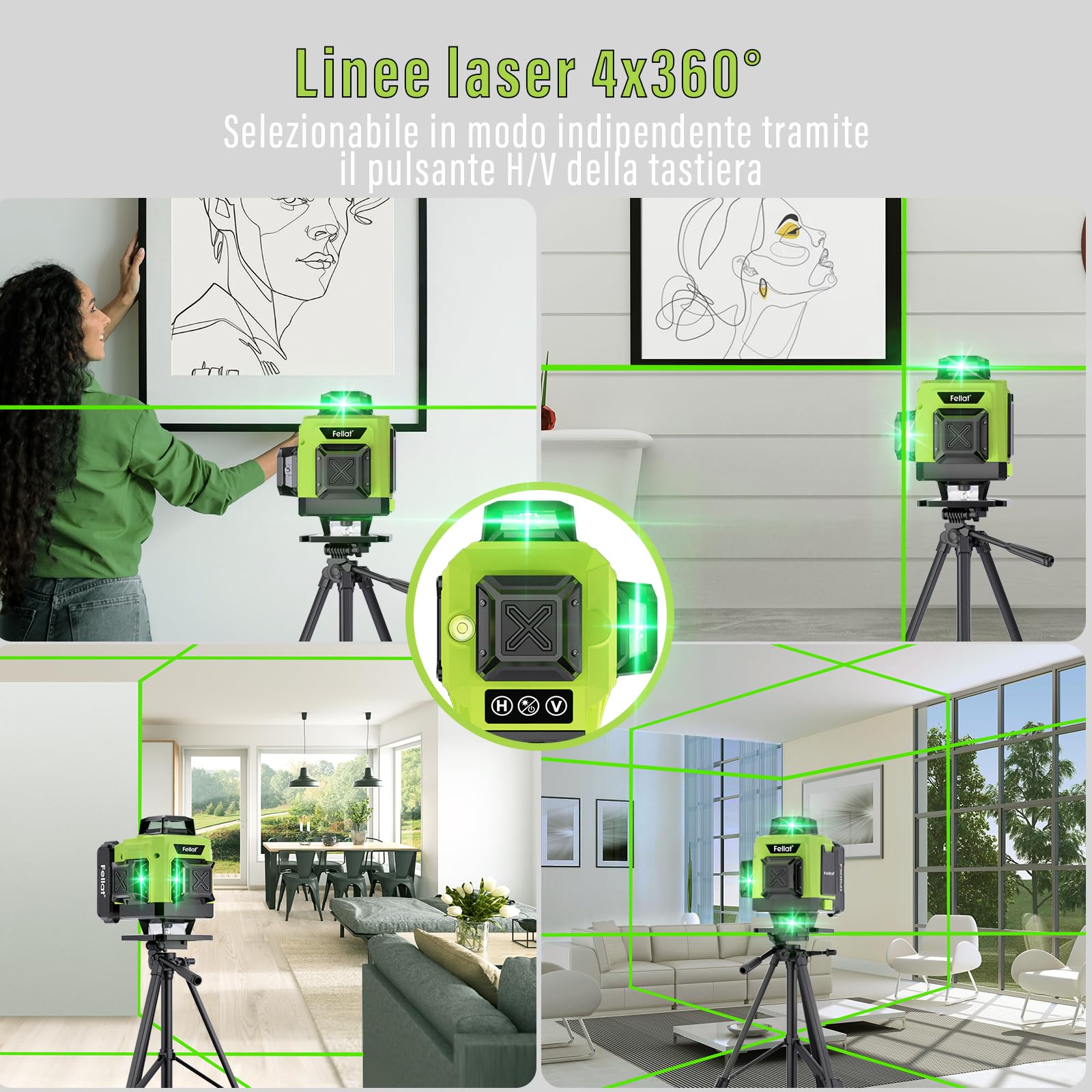 Livella Laser, FELLAT 4x360° Livello Laser Verde Autolivellante con 2 Batterie Ricaricabili da 4800 mAh, Telecomando, Base di Sollevamento, Supporto Magnetico Rotante