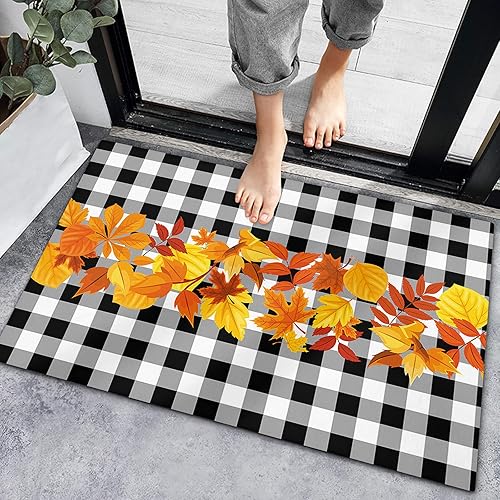 Bath Rugs Entrance Non Slip Front Door Mat Fall Burnt Orange Leaves Kitchen Carpets Thanksgiving Maple Leaf Plaid Floor Mats for Bathroom Bedroom disponible en Yaxa Peru