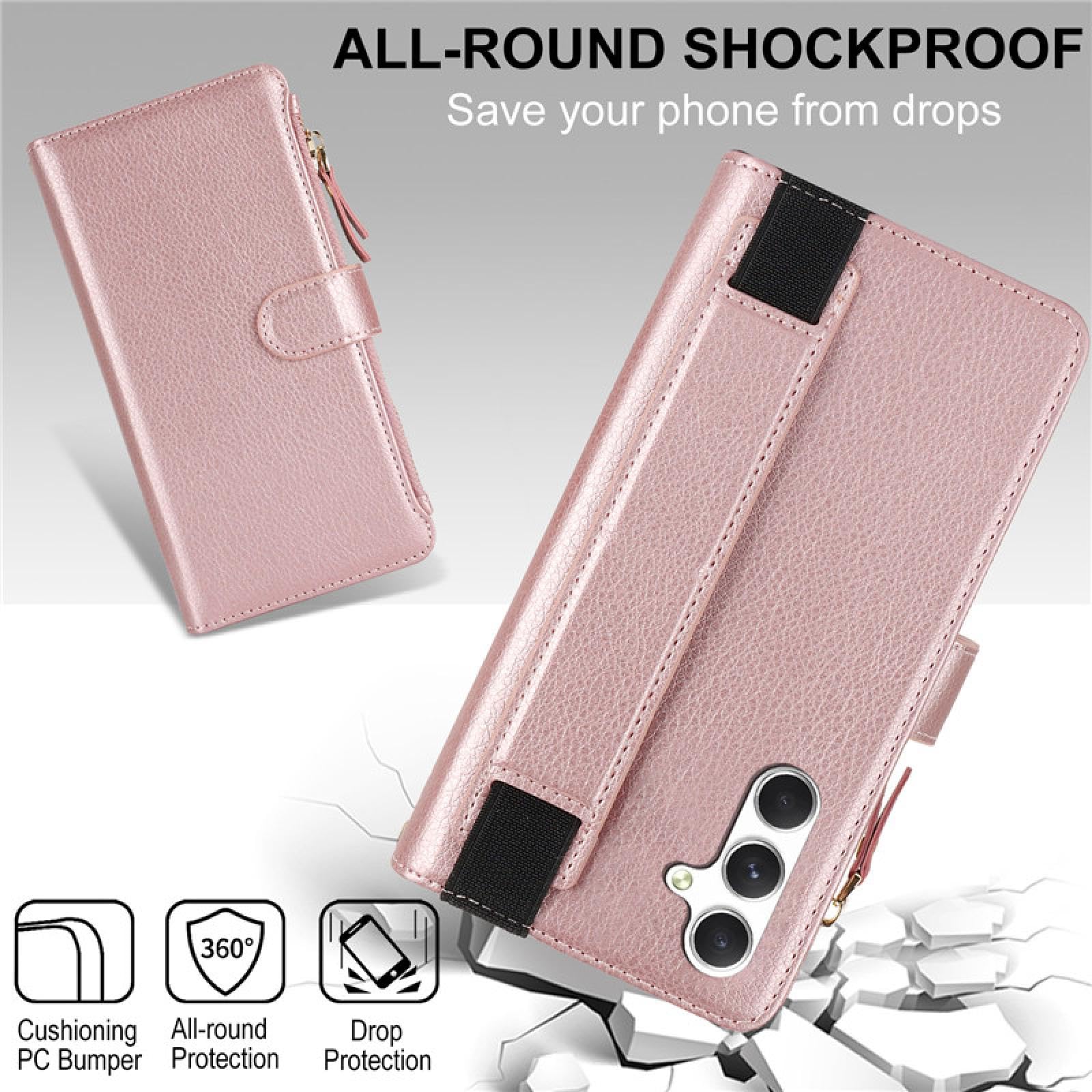 Für Samsung A72 (4G 5G) Handschlaufe Leder Reißverschluss Brieftasche Karte Handyhülle Lanyard Flip Cover (Für Samsung A72 (4G 5G)/schwarz)