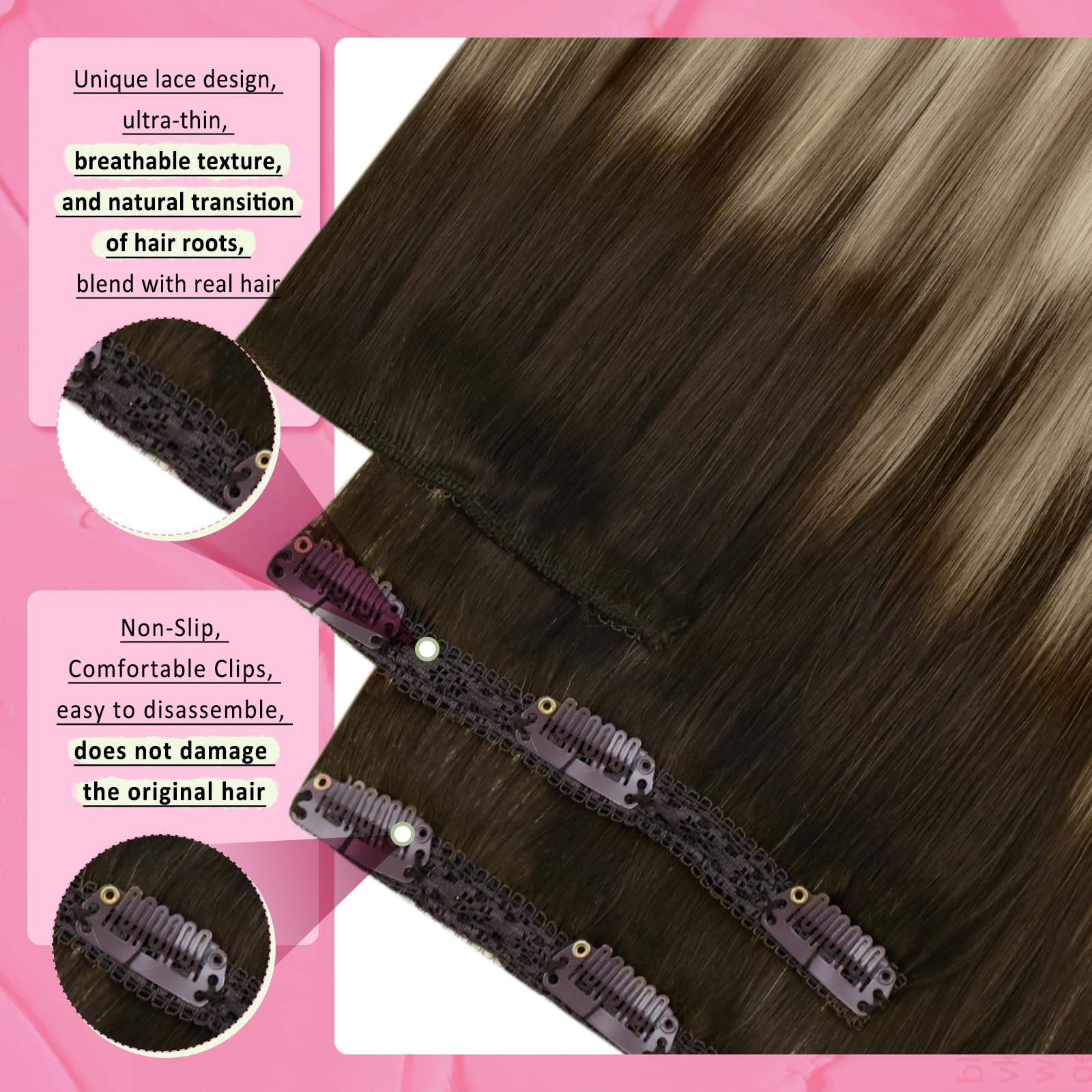 YoungSee Clip in Human Hair Extensions Ombre 18inch 120g Remy Human Hair Clip in Extensions Dark Brown Ombre Light Brown with Blonde Clip in Hair Extensions for Beginner Invisible 7 Separate Pieces - Image 2
