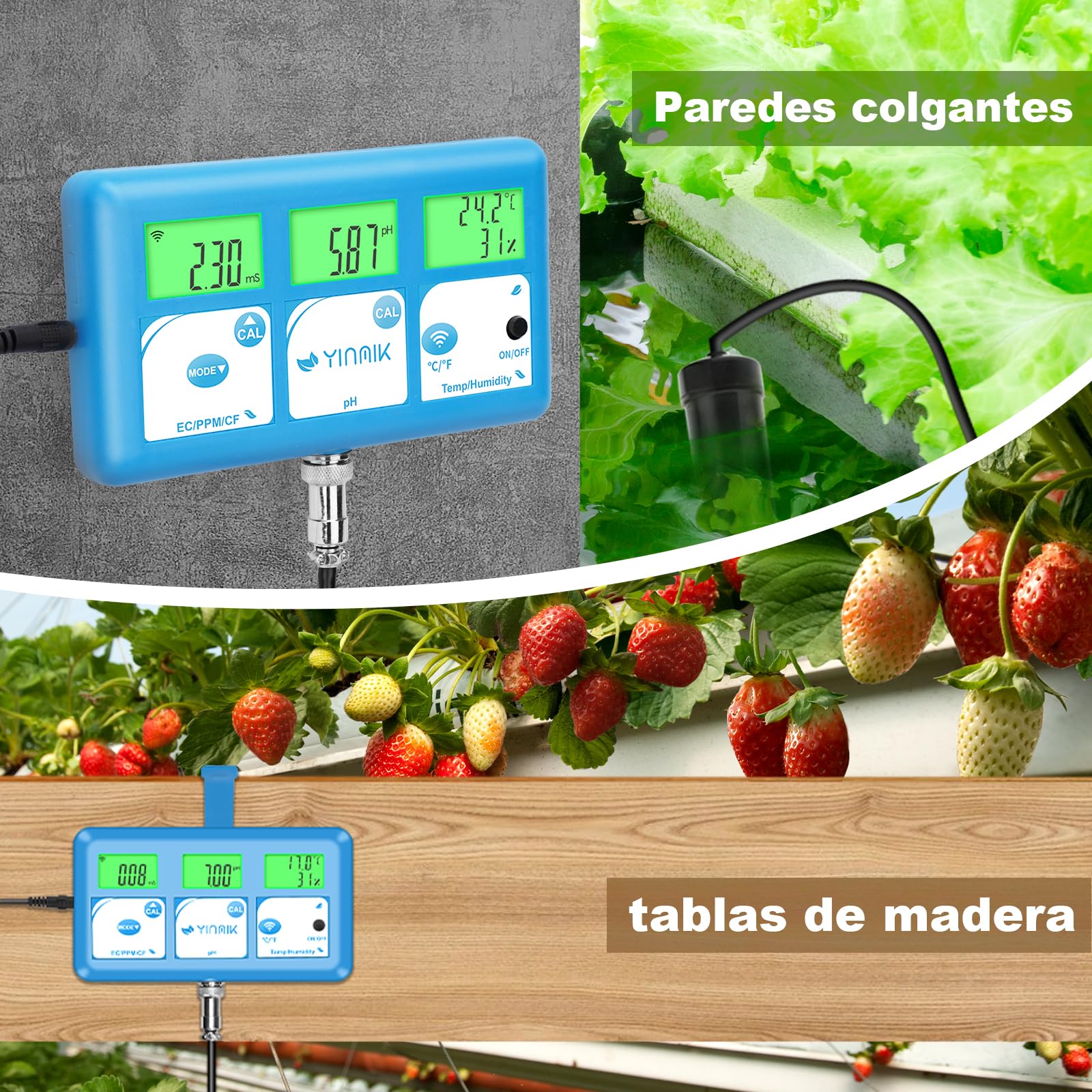 YINMIK Medidor de pH EC Hidroponía Analizador Digital de Calidad de Agua | Medir Temperatura y Humedad Instrumento pH Multifuncional Viene con Solución de Calibración