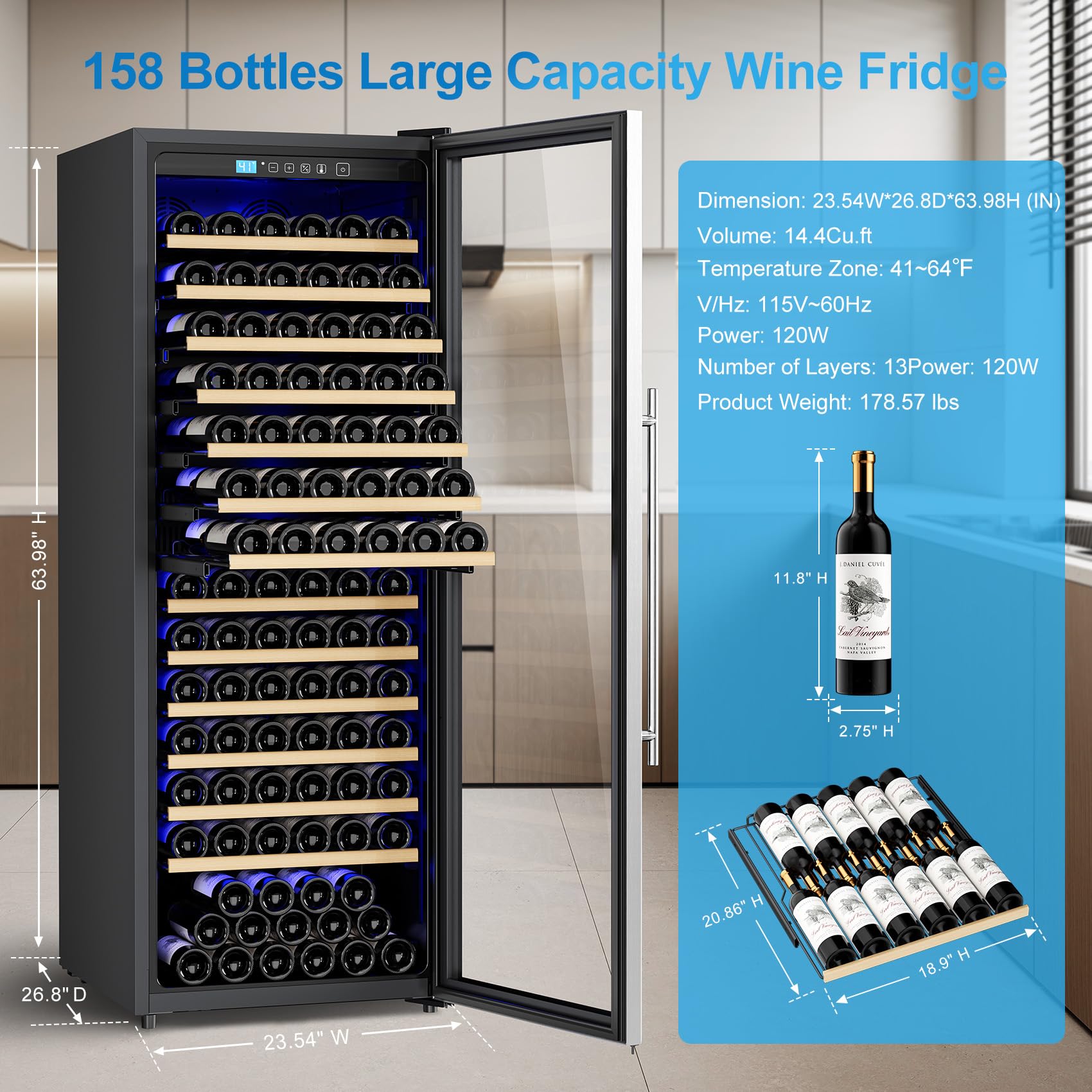 Vushine 158 Bottle Wine Fridge, 24 Inch Wine Cooler Refrigerator Freestanding With Professional Temperature Control System, Suitable For Mixed Bottle Sizes, Low Noise Operation (14.4cu.Ft) on Fridge.com - View 6