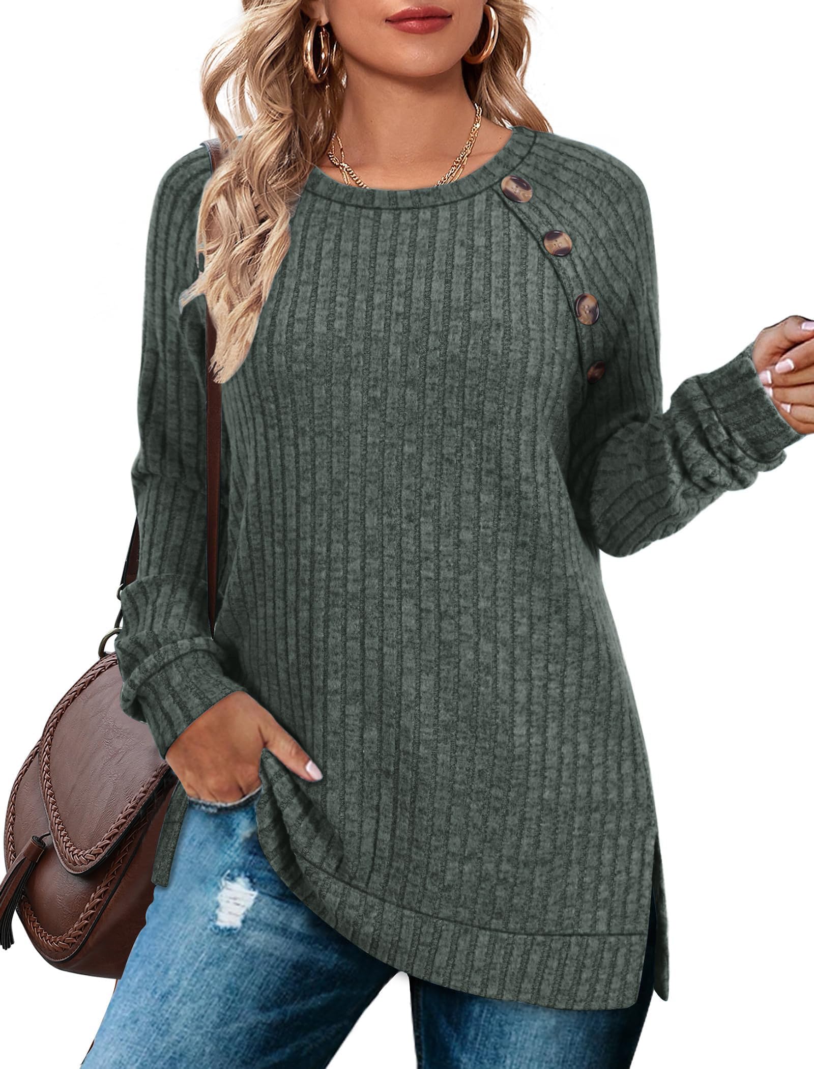 TrendiMax Damen Langarmshirt Leichte Strickpullover mit Knopfdetail Rundhals Casual Oberteile Elegant Sweatshirt Herbst Langarm Tops