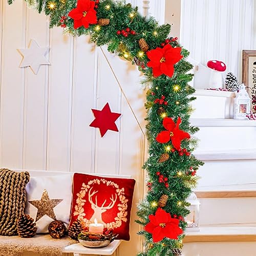 Miniatura 2 de Hausse Guirnalda de Navidad preiluminada de 9 pies, guirnaldas de Navidad artificiales iluminadas, decoraciones verdes con conos de bayas de flor de