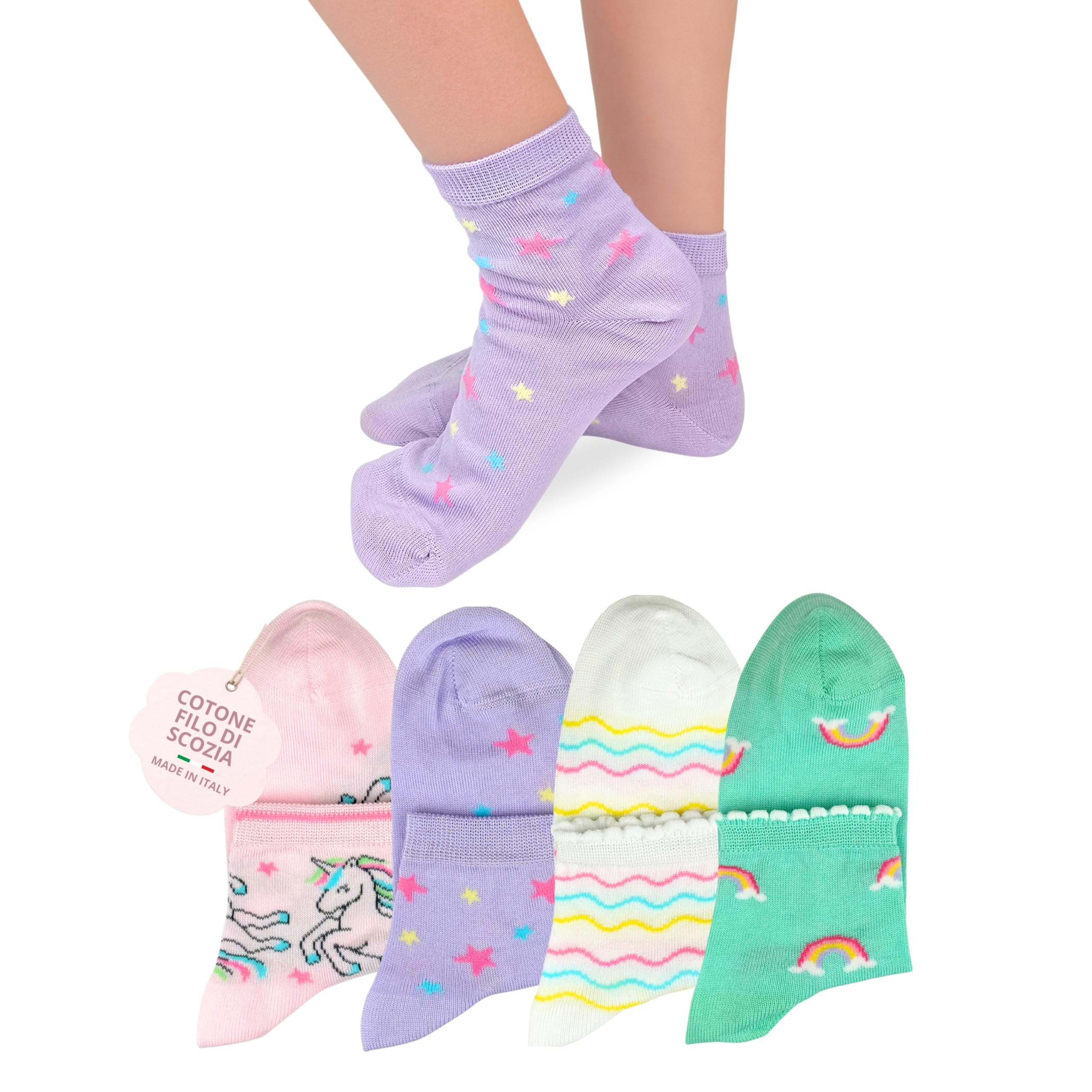 LEON D'ORO Calzini Bambina COTONE LEGGERO corto Calze Bimba FILO DI SCOZIA Sneaker Fantasmini Bambine Made in Italy