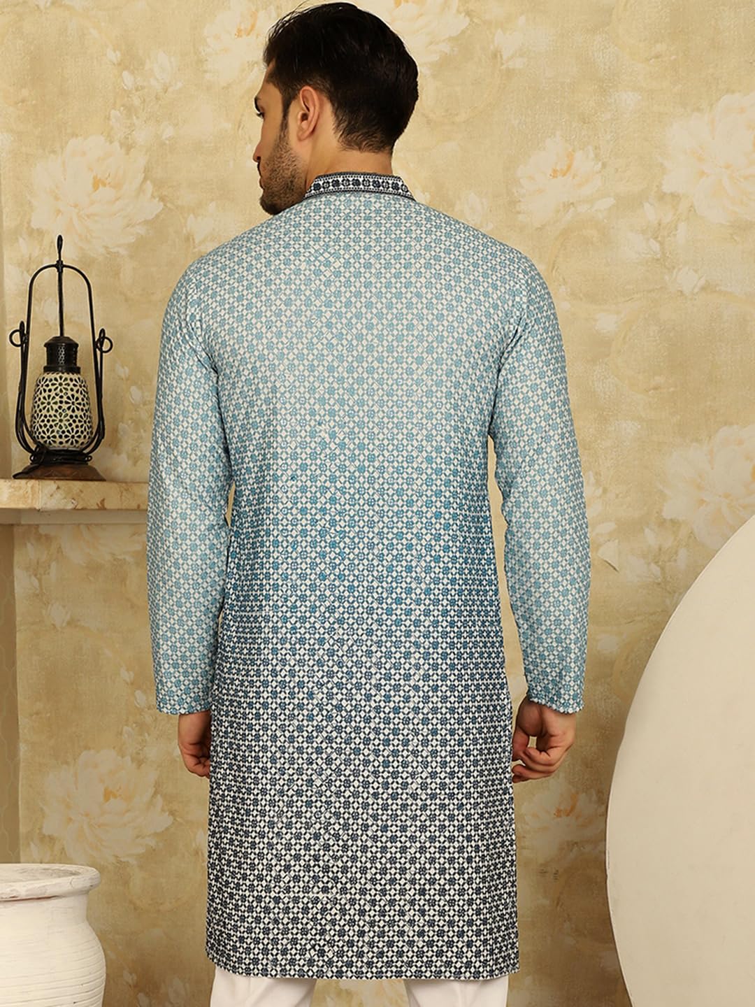 Jompers Men's Sequins Embroider Kurtas (Blue, L)