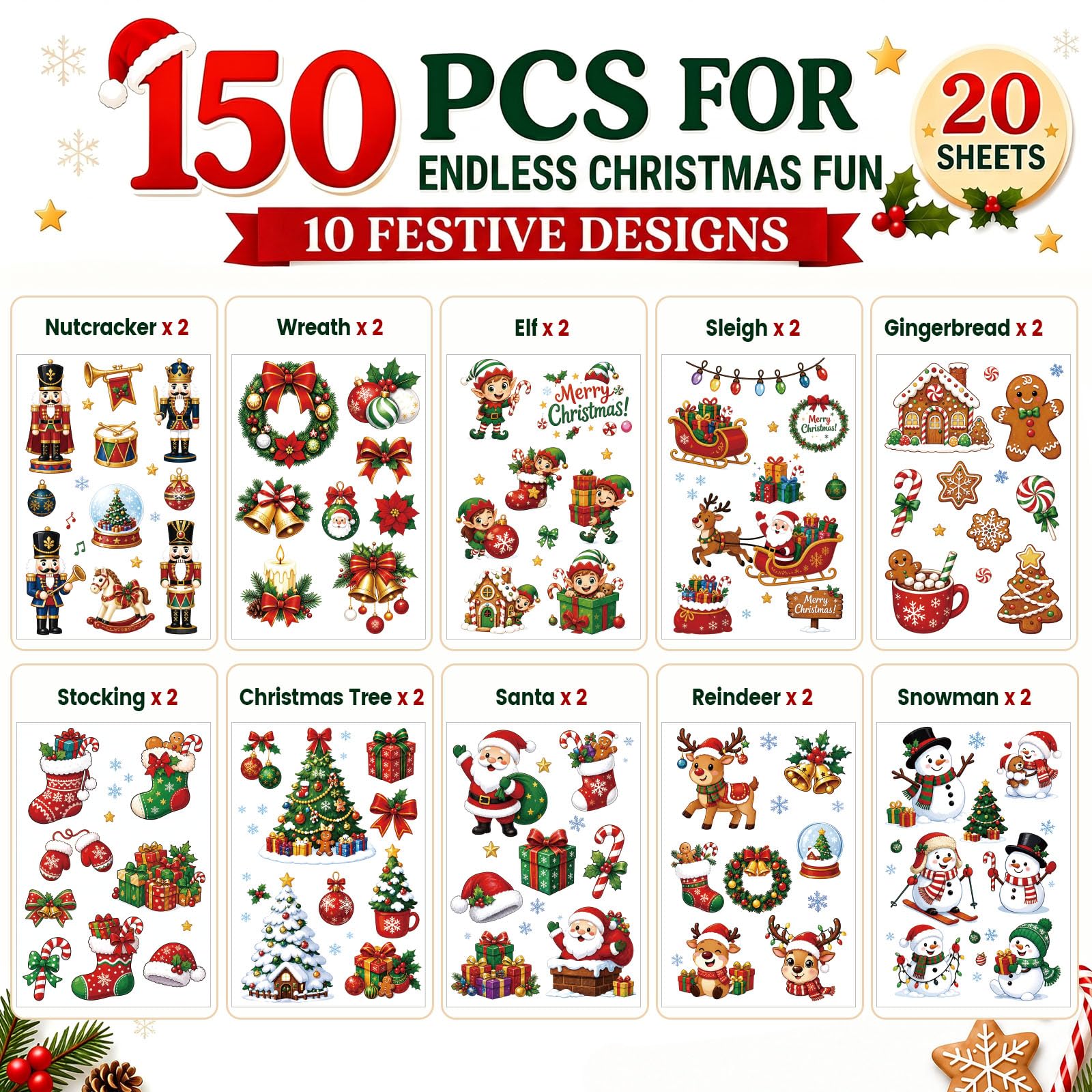 LovesTown 150PCS Christmas Glow in the Dark Temporary Tattoos, 20 Sheets