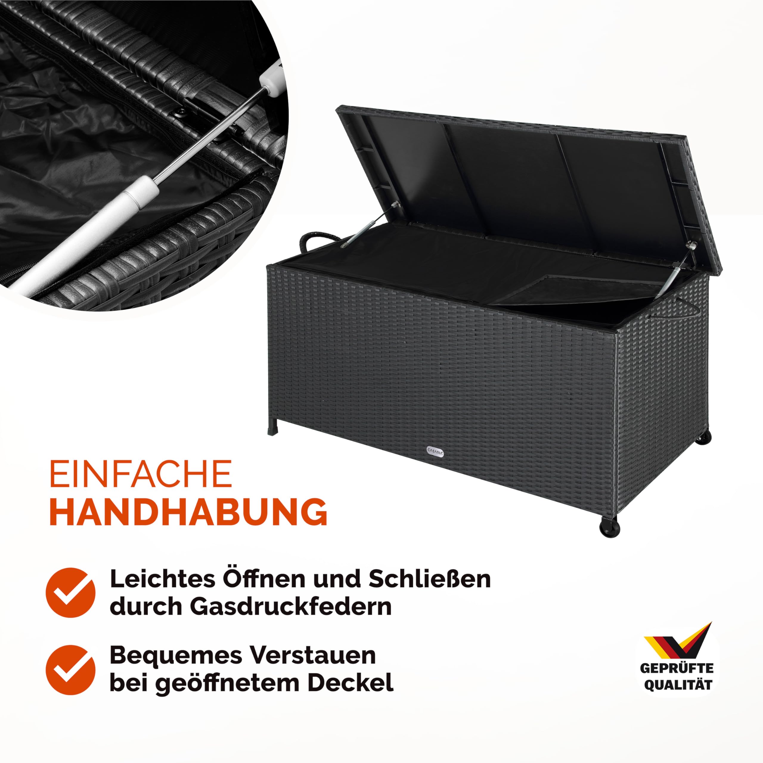 Casaria® Gartenbox Auflagenbox mit Rollen 270L Stauraum UV-beständig Handgriffe Gasdruckfeder Wetterfest 117x53cm Garten Aufbewahrungsbox Schwarz