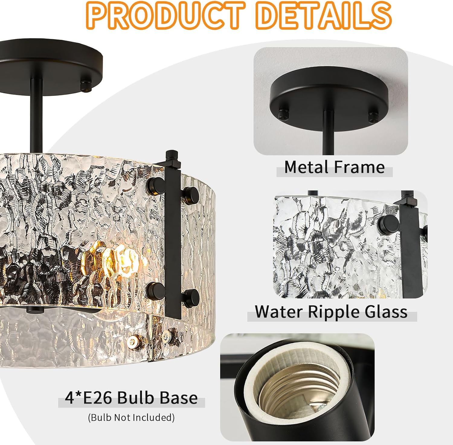 Flush Mount Ceiling Light Fixtures, Farmhouse Chandelier Lighting with Clear Glass & E26 Socket,for Kitchen Island, Bedroom, Entryway, Dining Room (Black, 13.0in-4 Light)