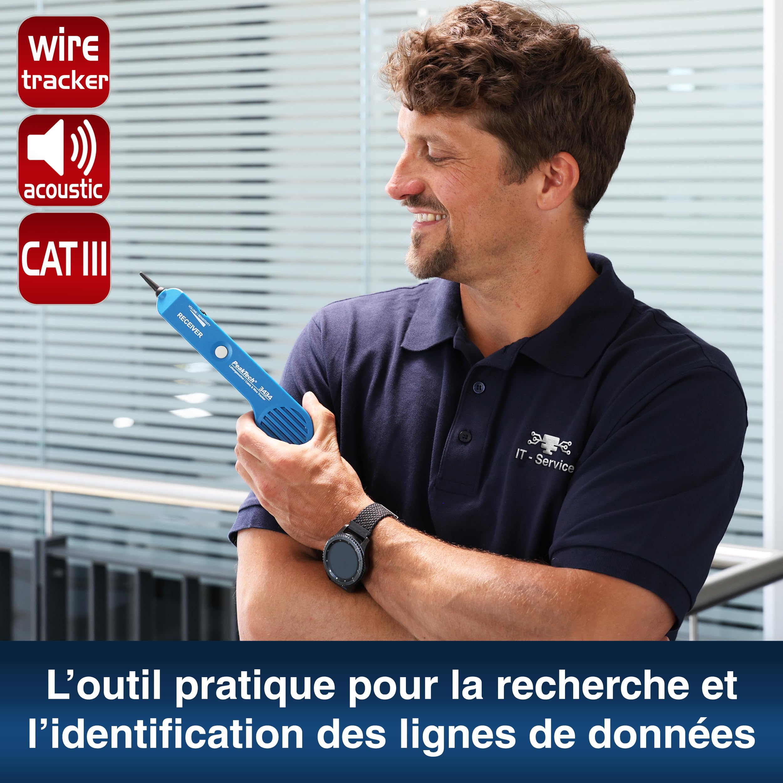 PeakTech 3434 Détecteur de câbles pour lignes & câbles téléphoniques [garantie de 3 ans] Détecteur de câbles avec testeur de continuité & signal sonore, pinces crocodile
