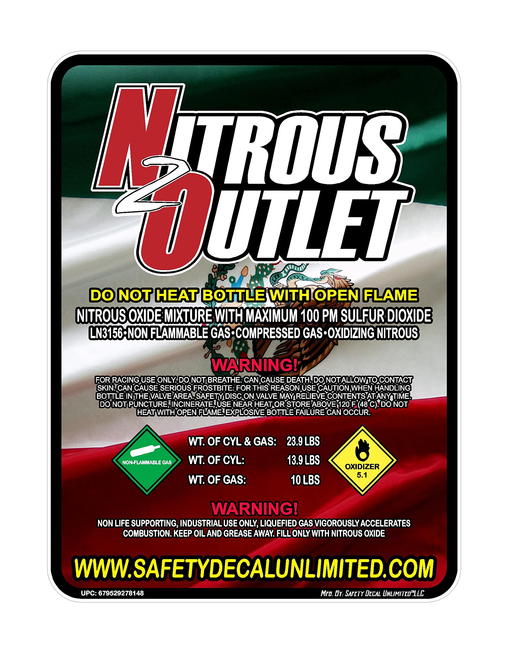 Mexico Flag Nitrous Oxide Bottle Replacement Refill Peel and Stick Label Decal Sticker Sign NOS Outlet Express 2 5 10 15 20lb Made in America (Non-Laminated 10LB) (NO)