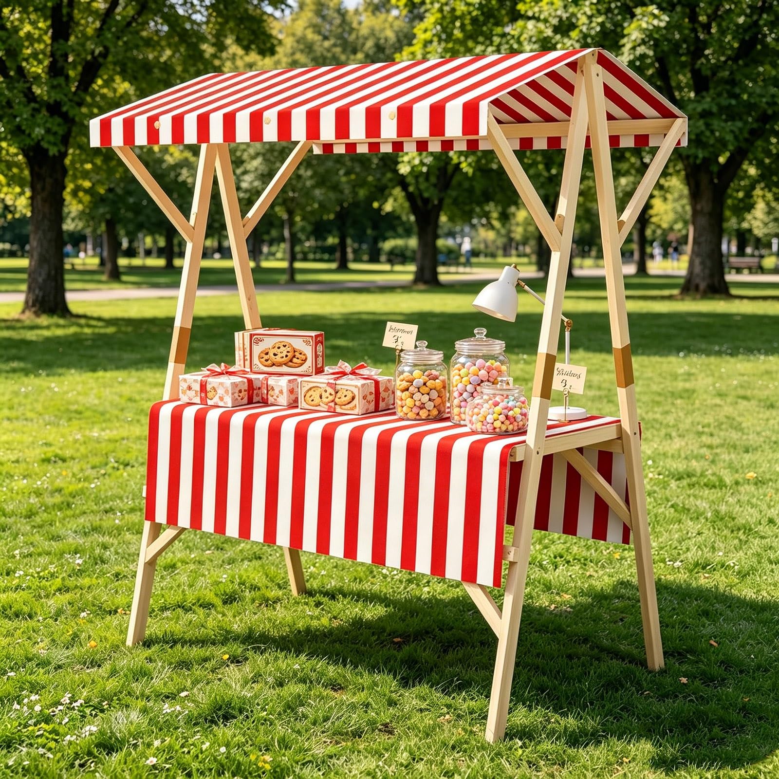 Foldable Vending Cart with Striped Canopy, Triangular Crossbar, Portable Vendor Cart for Farmer Market, Craft Fair(Red,150x60x200CM/59x24x79IN)