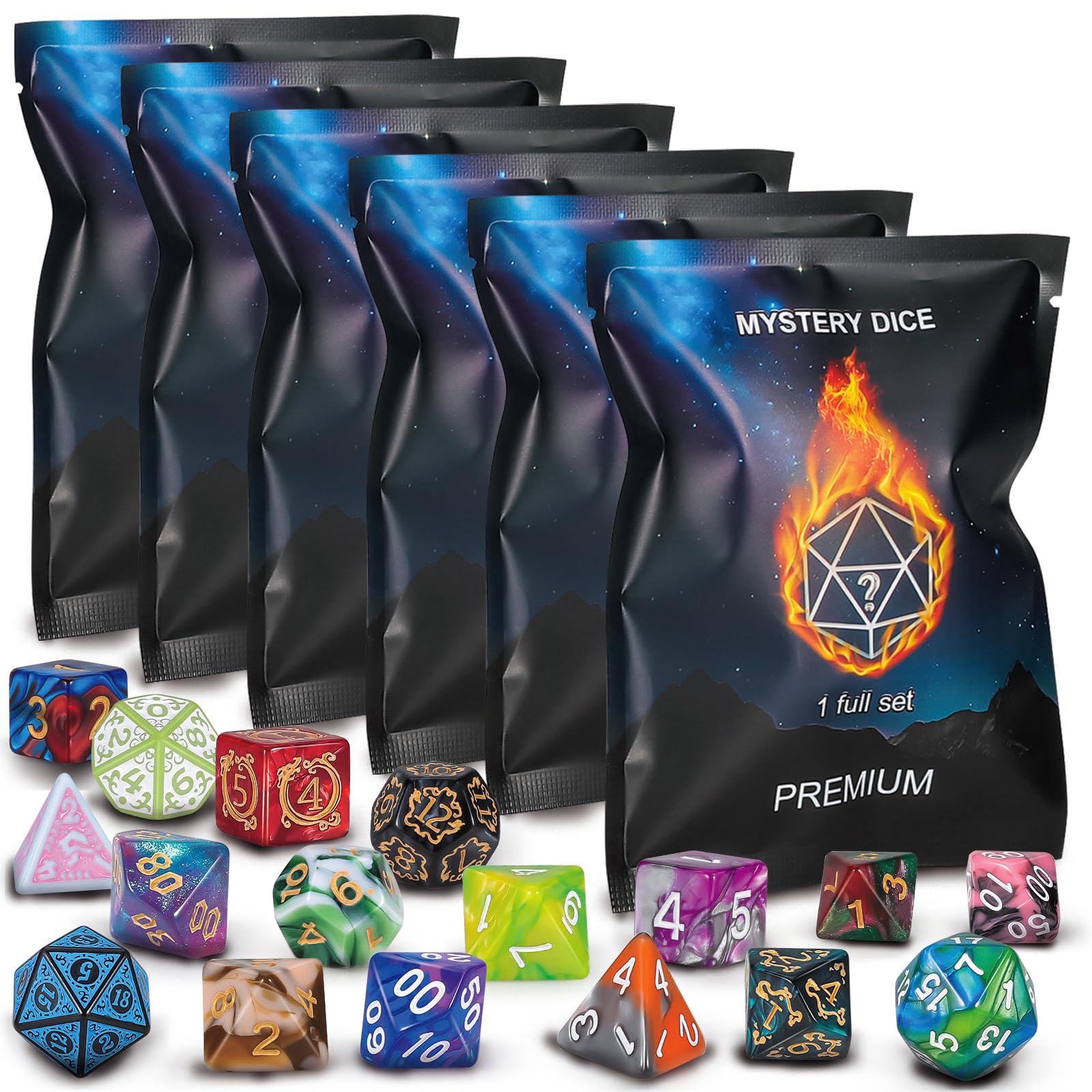 QMAY Polyhedral Dice - 48PCS Mystery Dice Set, Various Styles, Random D&D Dice Patterns & Dice Bag, 6 Mystery Bags, DND Gifts, Suitable for Dungeons and Dragons, RPG, MTG,Role Playing Table Game