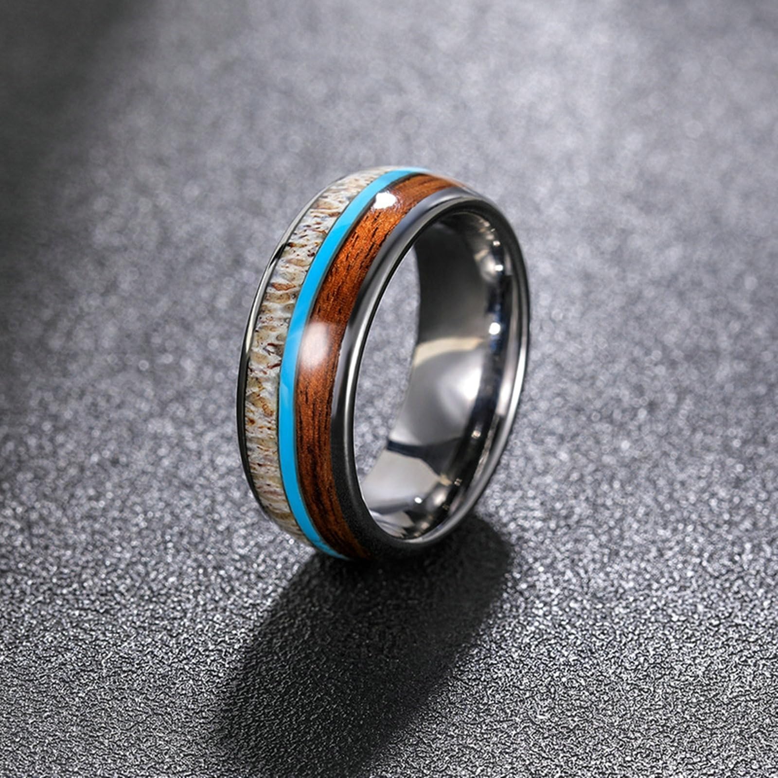 Anello in tungsteno, unisex, in argento, 8 mm, con legno e turchese, anello di fidanzamento, unisex, senza nichel