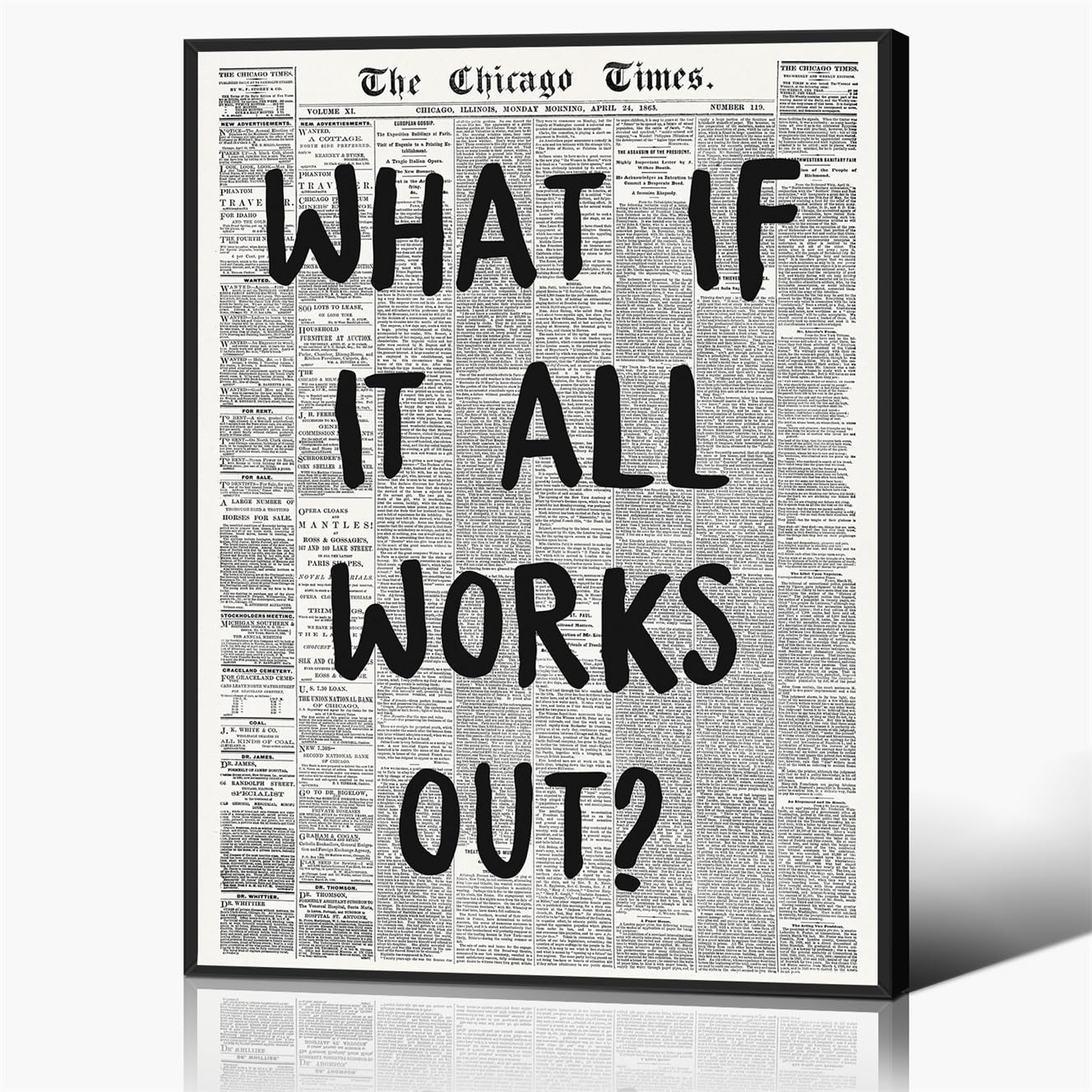 Anslipswar Vintage Black and White Newspaper Canvas Wall Art, Affirmation Quote What If It All Works Out Room Aesthetic Poster, Retro Typography Print for Apartment Bedroom Decor 16x24in Framed