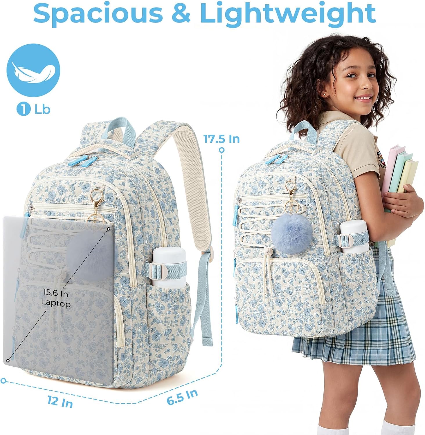 WOBAGMEN Backpack for Women,Cute Quilted Backpack with Multi-Pocket, Lightweight Anti Theft Bookbag Fits 15.6" Laptop,Aesthetic Large Capacity Casual Daypacks for travel(Blue Floral, M)