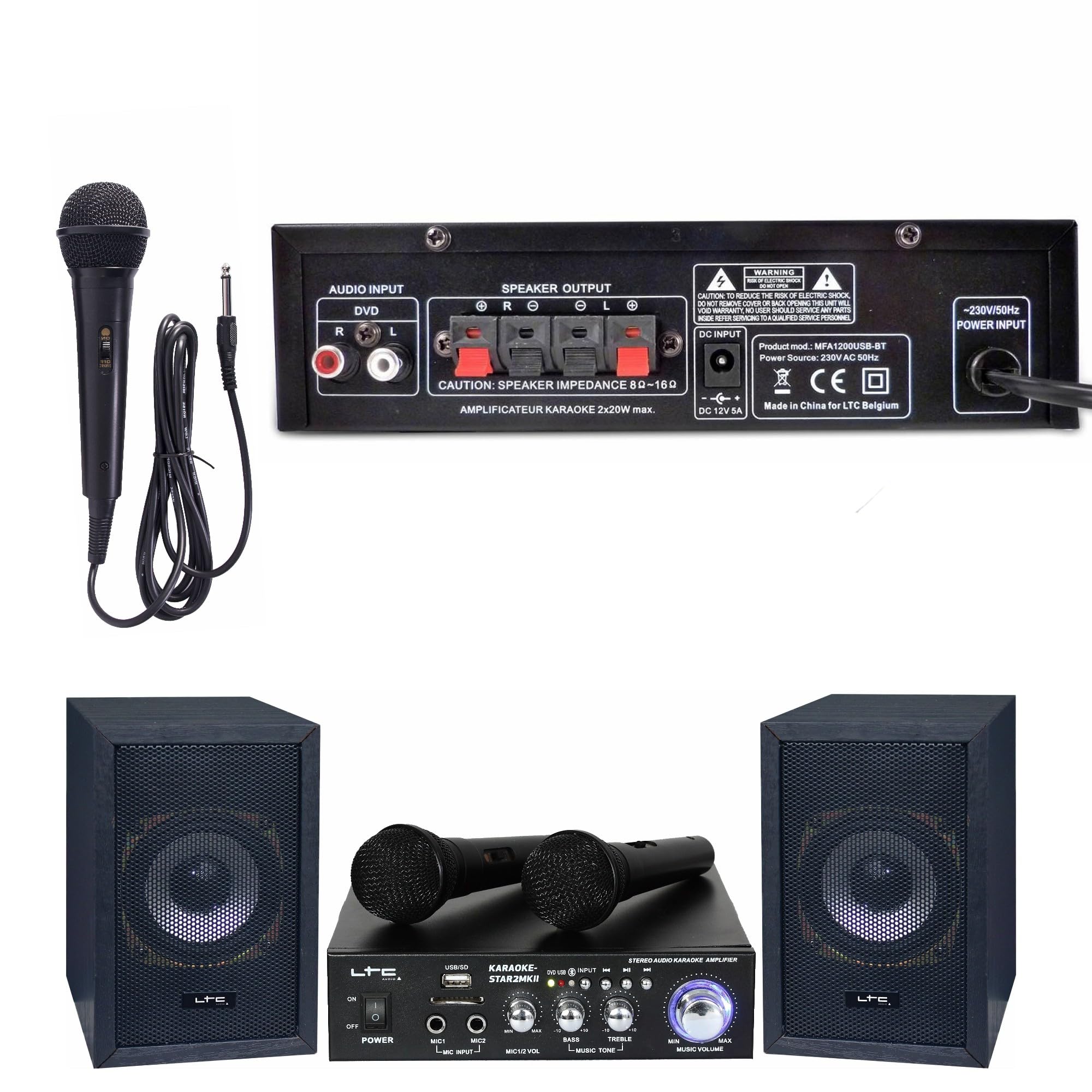 Générique Karaoké Pack LTC KARAOKE-STAR2MKII Enfant - Bluetooth USB SD 100W 2 Enceintes 2 Micros 1 Ampli - Projecteur 2-en-1 par Stroboscope Cadeau