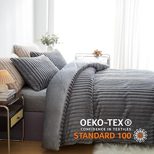 Miniatura 3 de Bildenly Juego de funda de edredón mullida, tamaño Queen, ultra suave, de piel sintética, color gris, cálido, a rayas verticales, juego de cama de 3